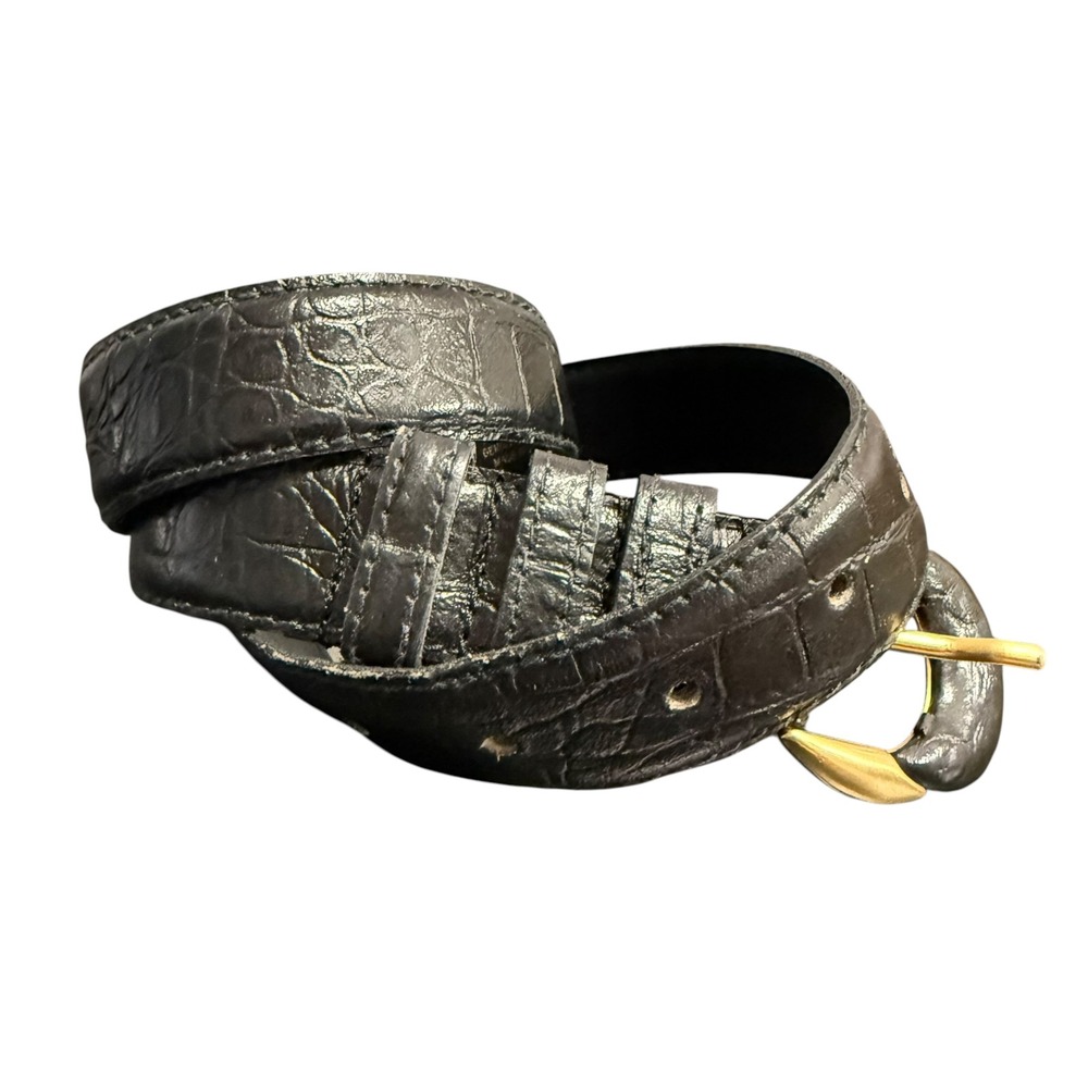 Pellateri Vintage Black Croc Embossed Leather Belt Gold Buckle Made in Italy S